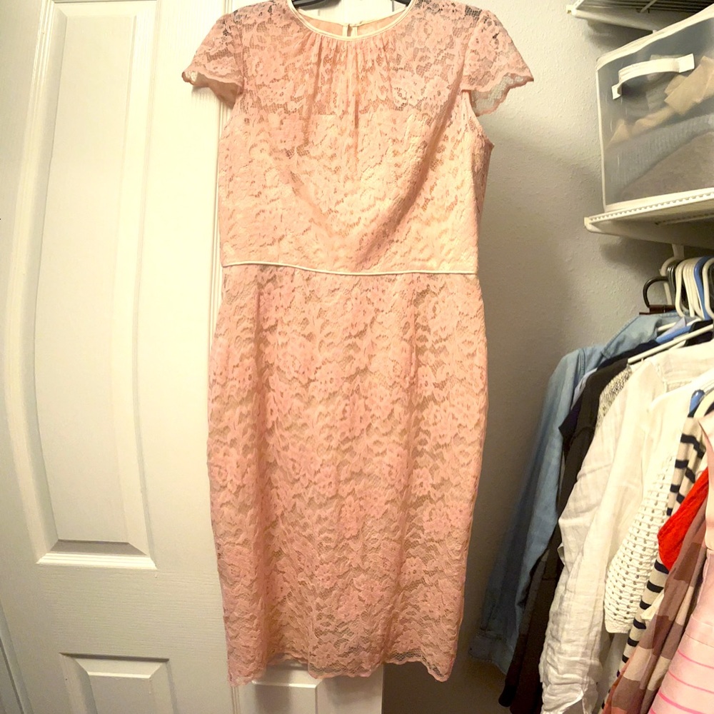 Pink lace MIDI dress. So cute for showers!! Size 8. Worn 3 times.